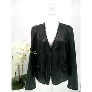 Raffaelo Womens Black Leather Rhinestones Detailing Full Zip Jacket Size Large